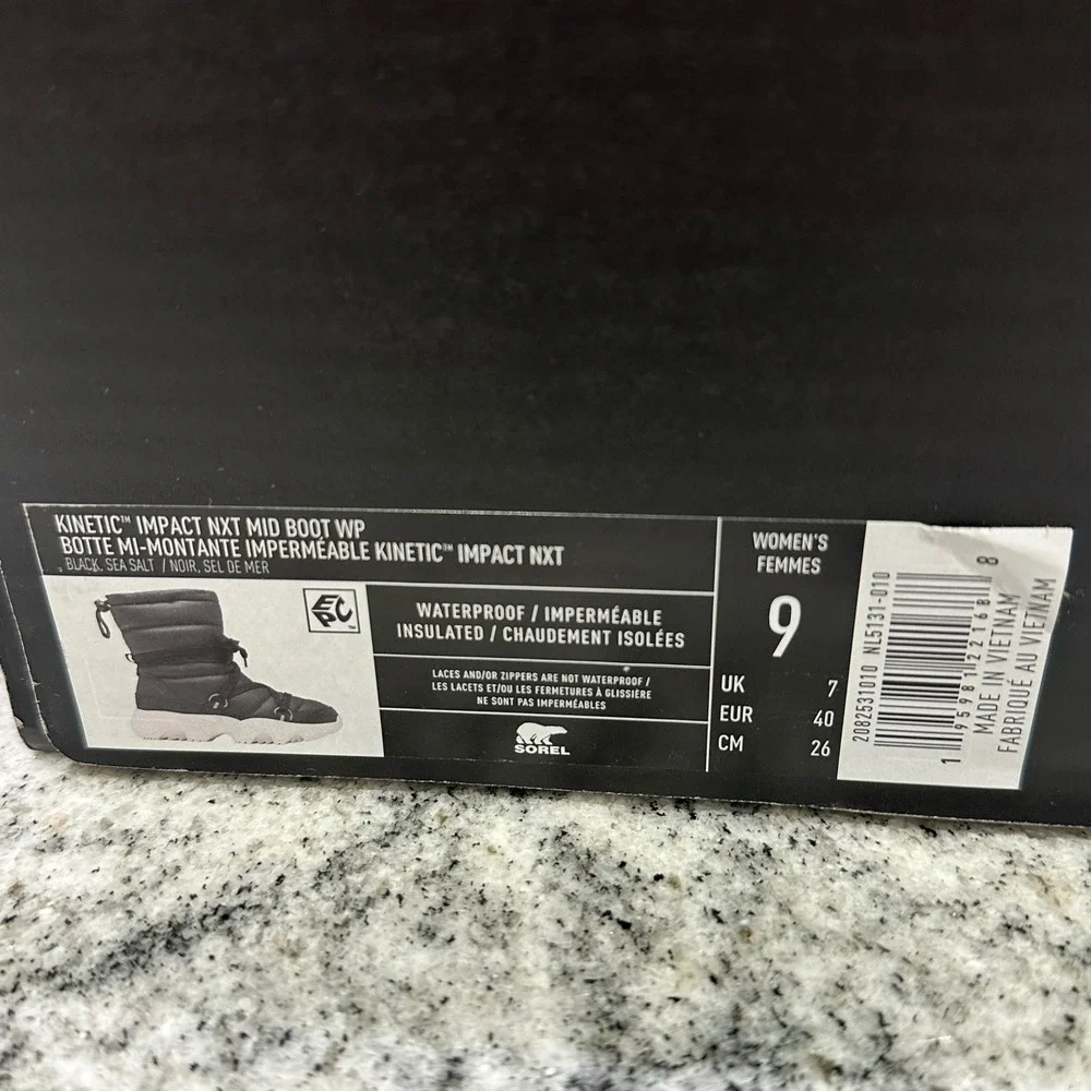 Sorel Women 9 Kinetic Impact NXT Mid Boot Black Waterproof Insulated Puffer Tech